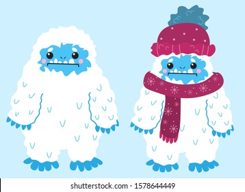 Cute snow yeti vector image. Isolated on light background. With winter clothes. 