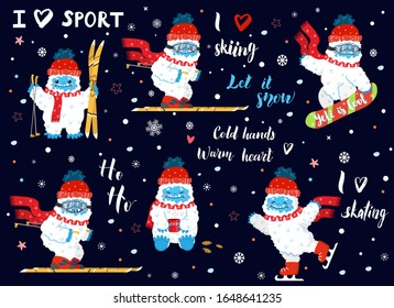 Deporte y actividades de invierno con letras de caligrafía con cavidades vectoriales. Feliz caricatura yeti con sombrero rojo de invierno y esquiar con bufanda, patinaje, snowboard, con café o té. Agujero de invierno