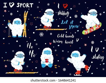 Deporte y actividades de invierno con letras de caligrafía con cavidades vectoriales. Feliz caricatura yeti esquí, patinaje, snowboard, con taza de café o té.Vacaciones de invierno.