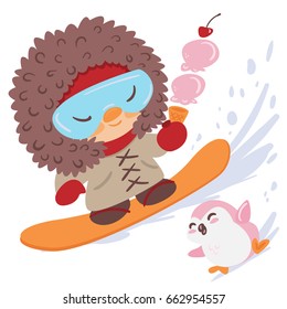 Cute Snowboarding Boy with Ice Cream and Penguin