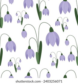 Cute snowdrop pattern on white isolated background. Delicate purple snowdrops. For wallpaper, wrapping paper, seasonal design.