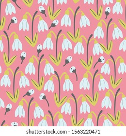 Cute Snowdrops Flowers Vector Seamless Pattern