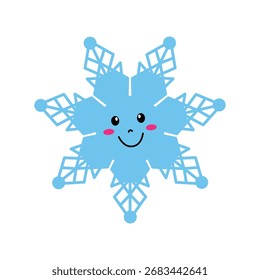 Cute Snowflake Character with a cheerful face, wide eyes, and a big smile. Features geometric arms with circular tips and pink cheeks.