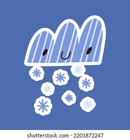 Cute snowflake cloud. Cute Snow Sticker. Childish hand drawn illustration of happy blue cloud with falling snowflakes. Cartoon Sticker of snow weather isolated on blue background.