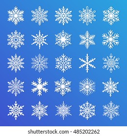 Cute snowflake collection isolated on blue background. Flat snow icons, snow flakes silhouette. Nice element for christmas, new year banner, cards. Organic and geometric ice set.