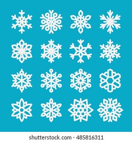 Cute snowflake collection isolated on blue background. Flat snow icons, snow flakes silhouette. Nice element for christmas, new year banner, cards. Organic and geometric ice set.