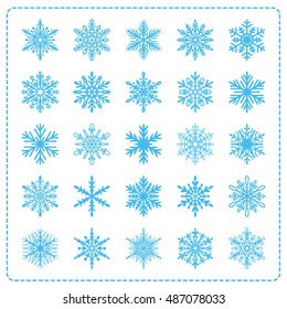 Cute snowflake collection isolated on blue background. Flat snow icons, snow flakes silhouette. Nice element for christmas, new year banner, cards. Organic and geometric ice set.