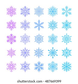 Cute snowflake collection isolated on blue background. Flat snow icons, snow flakes silhouette. Nice element for christmas, new year banner, cards. Organic and geometric ice set.