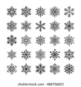 Cute snowflake collection isolated on blue background. Flat icons of snow flakes silhouette. Nice element for christmas, new year banner, cards. Organic and geometric ice set.