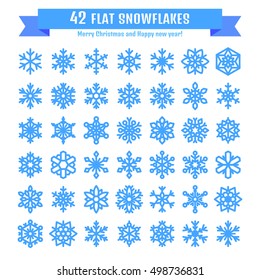 Cute snowflake collection isolated on blue background. Flat snow icons, snow flakes silhouette. Nice element for christmas, new year banner, cards. Organic and geometric ice set.