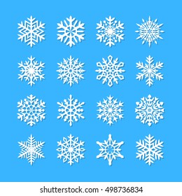 Cute snowflake collection isolated on blue background. Flat snow icons, snow flakes silhouette. Nice element for christmas, new year banner, cards. Organic and geometric ice set.