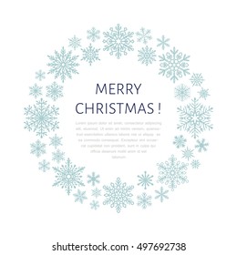 Cute snowflake poster, banner. Season greetings. Flat snow icons, snowfall. Nice snowflakes for christmas banner, cards. New year. Merry Christmas wreath