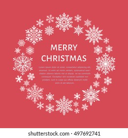 Cute snowflake poster, banner. Season greetings. Flat snow icons, snowfall. Nice snowflakes for christmas banner, cards. New year. Merry Christmas wreath