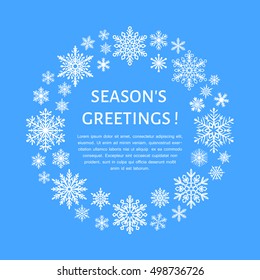 Cute snowflake poster, banner. Season's greetings. Flat snow icons, snowfall. Nice for banner, cards. New year Merry Christmas wreath