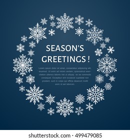 Cute snowflake poster, banner. Seasons greetings. Flat snow icons, snowfall. New year, Merry Christmas wreath