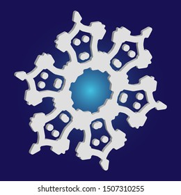 Cute snowflake with shadow on blue background. Vector illustration - poster. Geometric concept with expressive forms and colors. White nice 3d snow flake, carved silhouette. New year ornament.