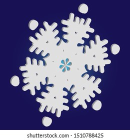 Cute snowflake with shadow on blue background. Vector illustration - pattern. Original concept with expressive forms and colors. White nice 3d snow flake, carved silhouette. New year ornament.