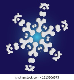 Cute snowflake with shadow on blue background. Clean concept with expressive forms and colors. Vector illustration - overlay. White nice 3d snow flake, carved silhouette. New year ornament.