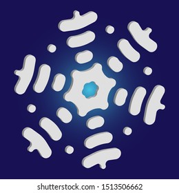 Cute snowflake with shadow on blue background. Vector illustration - decoration. Magic concept with expressive forms and colors. White nice 3d snow flake, carved silhouette. New year ornament.