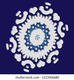 Cute snowflake with shadow on blue background. Magic concept with expressive forms and colors. Vector illustration - poster. White nice 3d snow flake, carved silhouette. New year ornament.