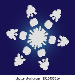 Cute snowflake with shadow on blue background. Vector illustration - shape. Abstract concept with expressive forms and colors. White nice 3d snow flake, carved silhouette. New year ornament.