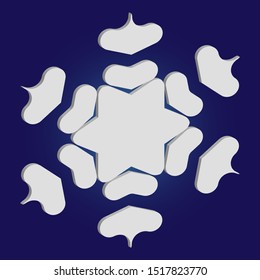 Cute snowflake with shadow on blue background. Effective concept with expressive forms and colors. Vector illustration - icon. White nice 3d snow flake, carved silhouette. New year ornament.