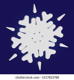 Cute snowflake with shadow on blue background. Original concept with expressive forms and colors. Vector illustration - poster. White nice 3d snow flake, carved silhouette. New year ornament.