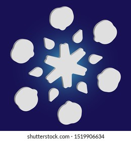Cute snowflake with shadow on blue background. Vector illustration - pattern. Cool concept with expressive forms and colors. White nice 3d snow flake, carved silhouette. New year ornament.