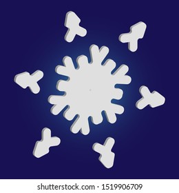 Cute snowflake with shadow on blue background. Effective concept with expressive forms and colors. Vector illustration - poster. White nice 3d snow flake, carved silhouette. New year ornament.