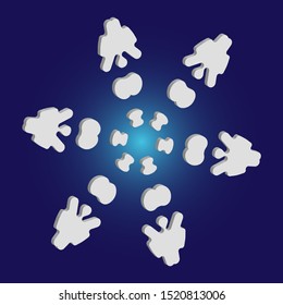 Cute snowflake with shadow on blue background. Vector illustration - pattern. Colorful concept with expressive forms and colors. White nice 3d snow flake, carved silhouette. New year ornament.