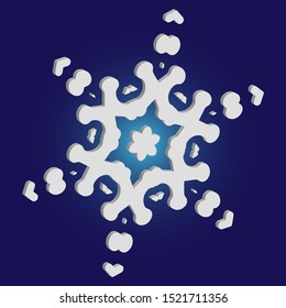 Cute snowflake with shadow on blue background. Vector illustration - template. Original concept with expressive forms and colors. White nice 3d snow flake, carved silhouette. New year ornament.