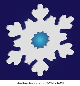 Cute snowflake with shadow on blue background. Vector illustration - art. Geometric concept with expressive forms and colors. White nice 3d snow flake, carved silhouette. New year ornament.