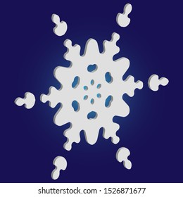 Cute snowflake with shadow on blue background. Cool concept with expressive forms and colors. Vector illustration - shape. White nice 3d snow flake, carved silhouette. New year ornament.