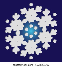 Cute snowflake with shadow on blue background. Vector illustration - overlay. Abstract concept with expressive forms and colors. White nice 3d snow flake, carved silhouette. New year ornament.