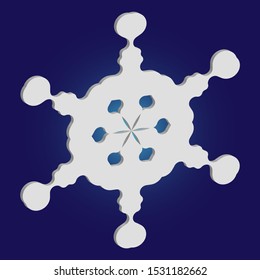 Cute snowflake with shadow on blue background. Vector illustration - texture. Cool concept with expressive forms and colors. White nice 3d snow flake, carved silhouette. New year ornament.