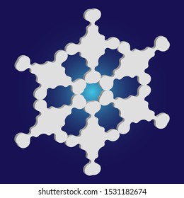 Cute snowflake with shadow on blue background. Abstract concept with expressive forms and colors. Vector illustration - icon. White nice 3d snow flake, carved silhouette. New year ornament.