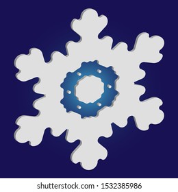 Cute snowflake with shadow on blue background. Vector illustration - decoration. Magic concept with expressive forms and colors. White nice 3d snow flake, carved silhouette. New year ornament.