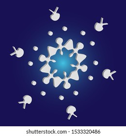 Cute snowflake with shadow on blue background. Creative concept with expressive forms and colors. Vector illustration - wallpaper. White nice 3d snow flake, carved silhouette. New year ornament.