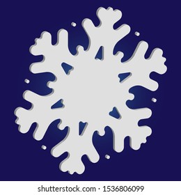 Cute snowflake with shadow on blue background. Vector illustration - icon. Original concept with expressive forms and colors. White nice 3d snow flake, carved silhouette. New year ornament.