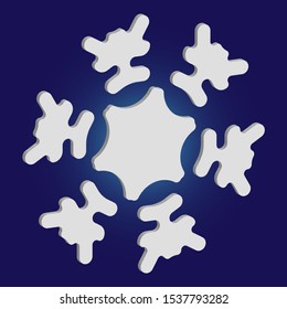 Cute snowflake with shadow on blue background. Vector illustration - postcard. Minimal concept with expressive forms and colors. White nice 3d snow flake, carved silhouette. New year ornament.