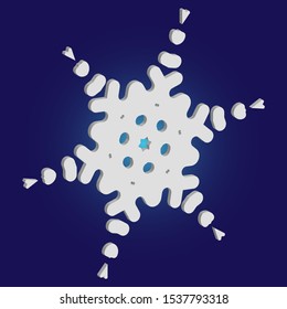 Cute snowflake with shadow on blue background. Effective concept with expressive forms and colors. Vector illustration - wallpaper. White nice 3d snow flake, carved silhouette. New year ornament.