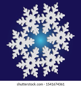 Cute snowflake with shadow on blue background. Vector illustration - shape. Minimal concept with expressive forms and colors. White nice 3d snow flake, carved silhouette. New year ornament.