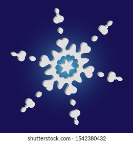 Cute snowflake with shadow on blue background. Clean concept with expressive forms and colors. Vector illustration - template. White nice 3d snow flake, carved silhouette. New year ornament.