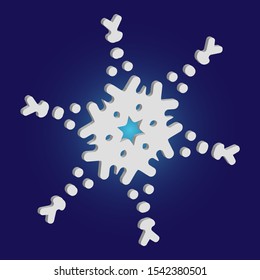 Cute snowflake with shadow on blue background. Vector illustration - art. Creative concept with expressive forms and colors. White nice 3d snow flake, carved silhouette. New year ornament.