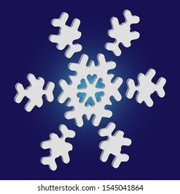 Cute snowflake with shadow on blue background. Vector illustration - shape. Effective concept with expressive forms and colors. White nice 3d snow flake, carved silhouette. New year ornament.