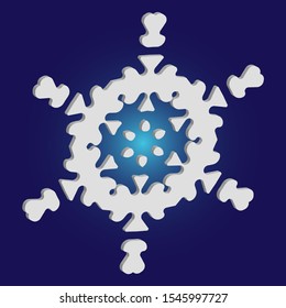 Cute snowflake with shadow on blue background. Geometric concept with expressive forms and colors. Vector illustration - icon. White nice 3d snow flake, carved silhouette. New year ornament.