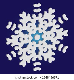 Cute snowflake with shadow on blue background. Vector illustration - template. Clean concept with expressive forms and colors. White nice 3d snow flake, carved silhouette. New year ornament.
