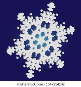 Cute snowflake with shadow on blue background. Original concept with expressive forms and colors. Vector illustration - pattern. White nice 3d snow flake, carved silhouette. New year ornament.