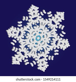 Cute snowflake with shadow on blue background. Vector illustration - overlay. Original concept with expressive forms and colors. White nice 3d snow flake, carved silhouette. New year ornament.