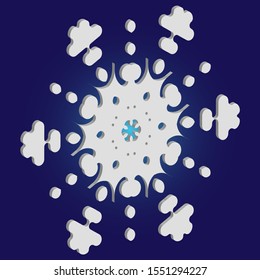 Cute snowflake with shadow on blue background. Cool concept with expressive forms and colors. Vector illustration - graphics. White nice 3d snow flake, carved silhouette. New year ornament.
